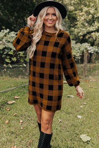 Brown Plaid Sweater Dress