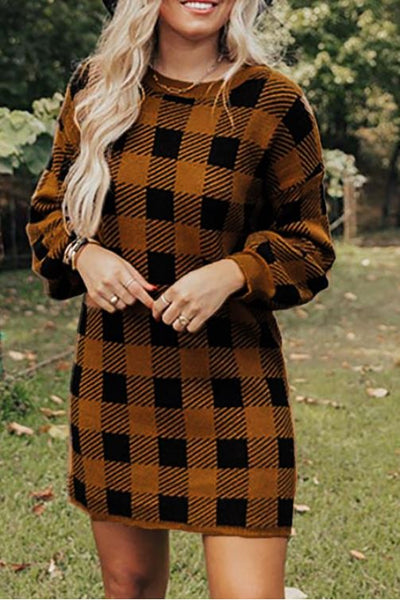 Brown Plaid Sweater Dress