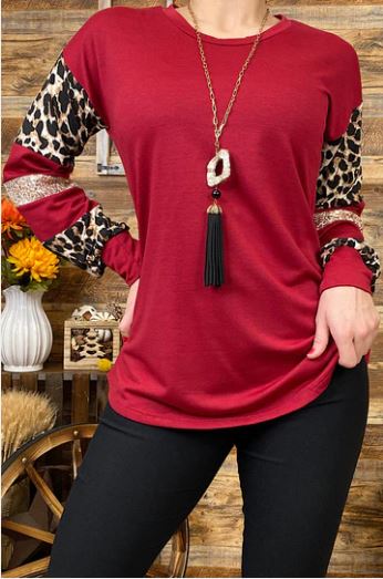 Gold Sequin & Leopard Sleeve Top - Burgundy