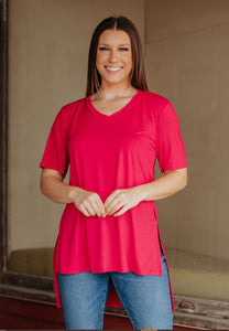 Fuchsia V-Neck Top w/Hi Lo Hem