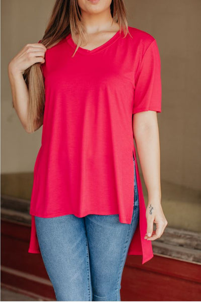 Fuchsia V-Neck Top w/Hi Lo Hem