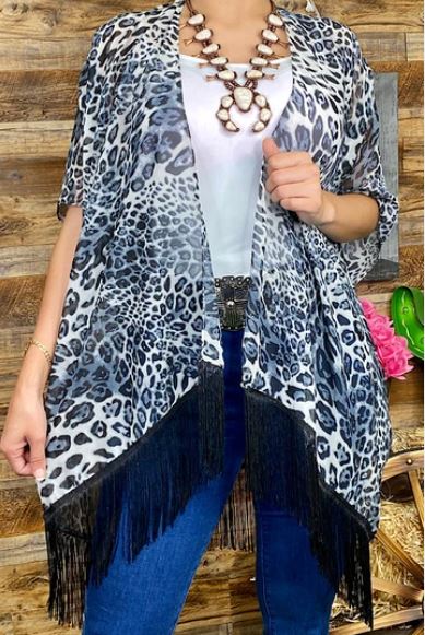 Plus Size Gray Leopard Sheer Kimono W/Fringe