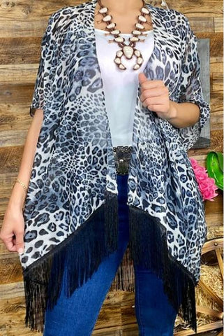 Plus Size Gray Leopard Sheer Kimono W/Fringe