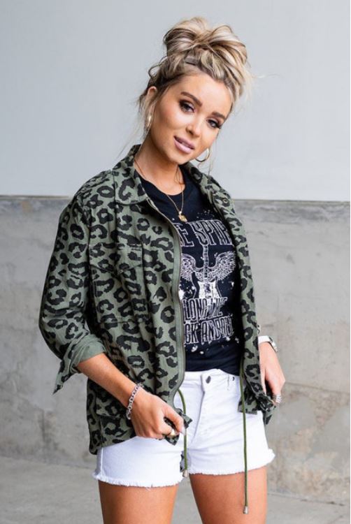 Green Lapel Zipper Leopard Coat