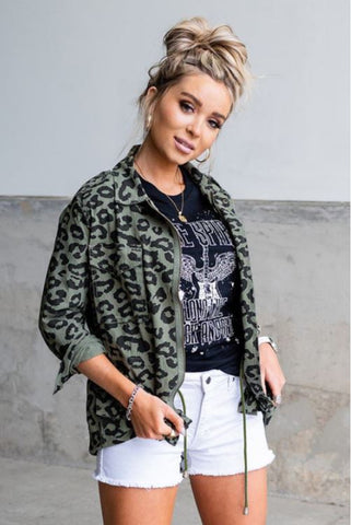 Green Lapel Zipper Leopard Coat