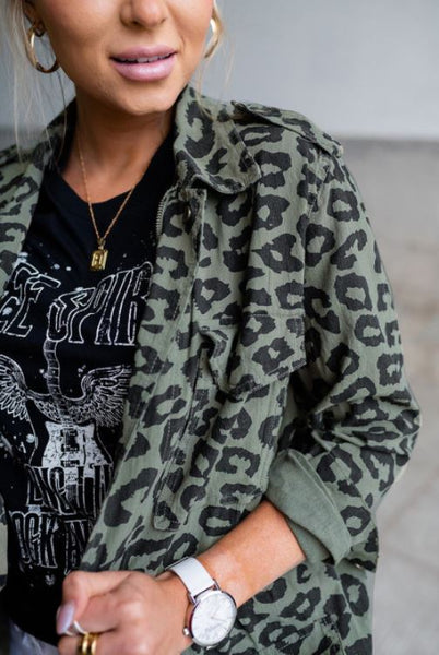 Green Lapel Zipper Leopard Coat