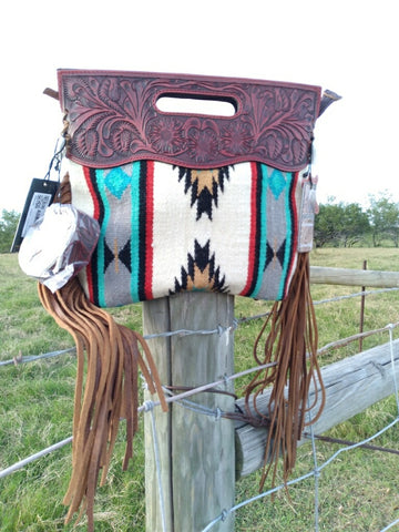 Red Tooled Leather Fringe Clutch