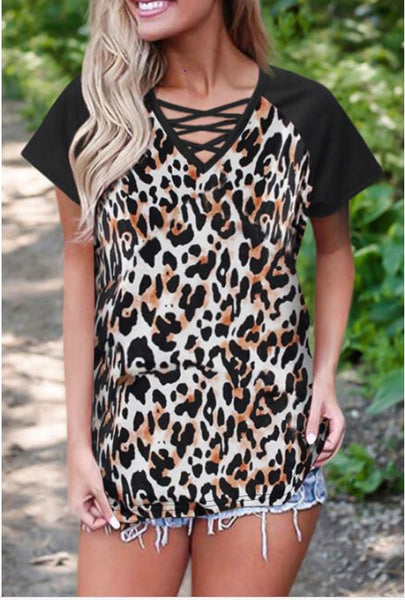 Crisscross White Leopard Vneck Top