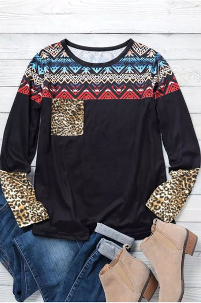 Leopard Pocket Geometric Splicing Long Sleeve Top