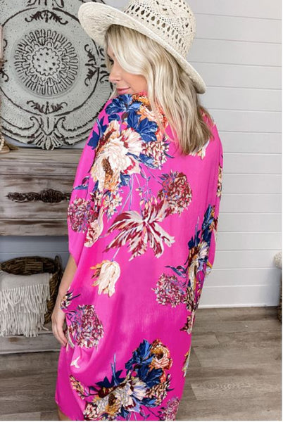 Pink Floral Print Kimono