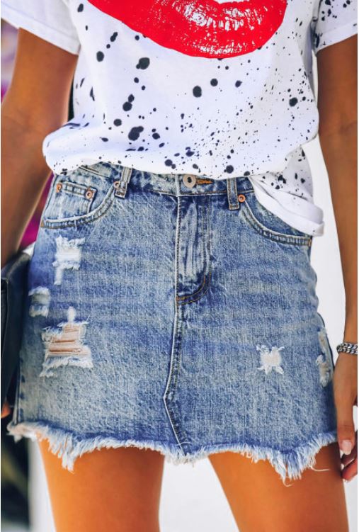 Sky Blue Distressed Denim Skirt