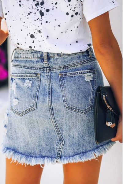 Sky Blue Distressed Denim Skirt