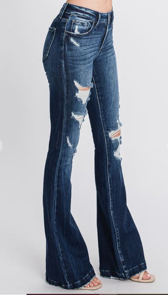 Distressed Mid Rise Stretch Flare w/Trouser Hem