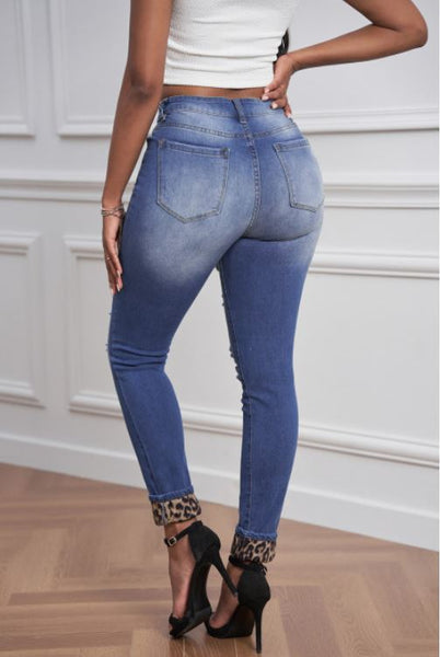 Blue Hollow Leopard Patch Distressed Jeans