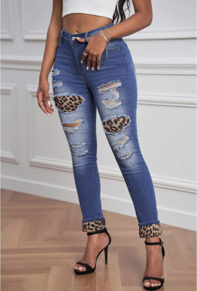 Blue Hollow Leopard Patch Distressed Jeans