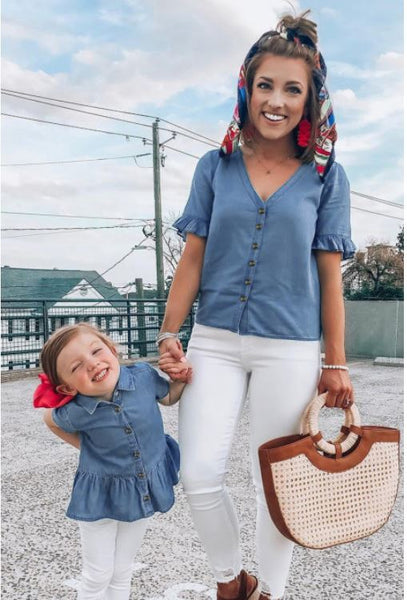 Women's Matching Vneck Ruffled Sleeves Denim Top