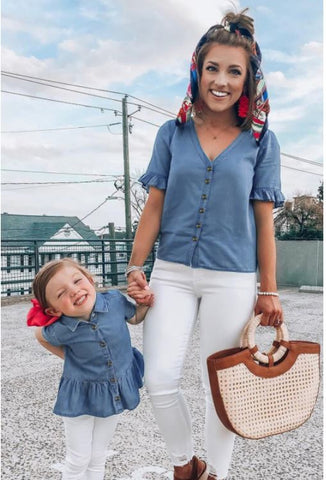 Women's Matching Vneck Ruffled Sleeves Denim Top