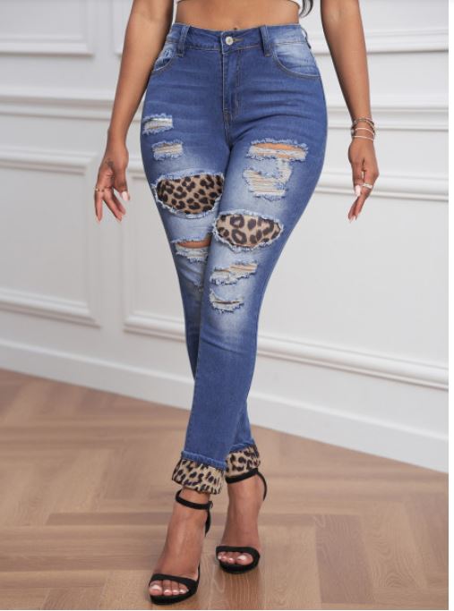 Blue Hollow Leopard Patch Distressed Jeans