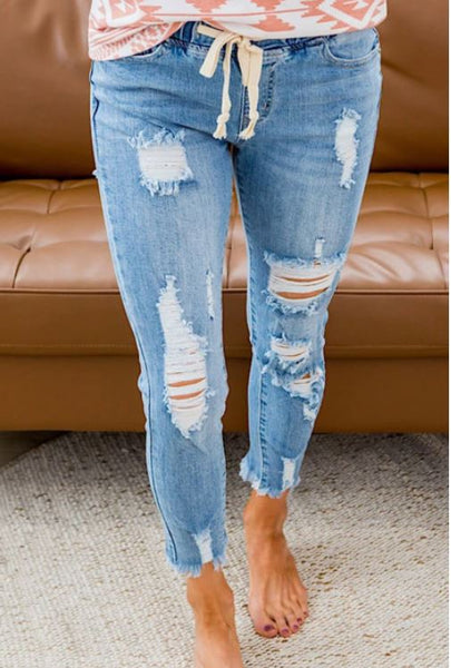 Sky Blue Elastic Waist Distressed Jeans