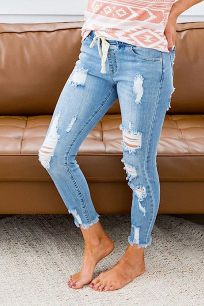 Sky Blue Elastic Waist Distressed Jeans