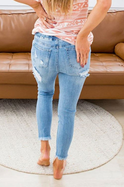 Sky Blue Elastic Waist Distressed Jeans