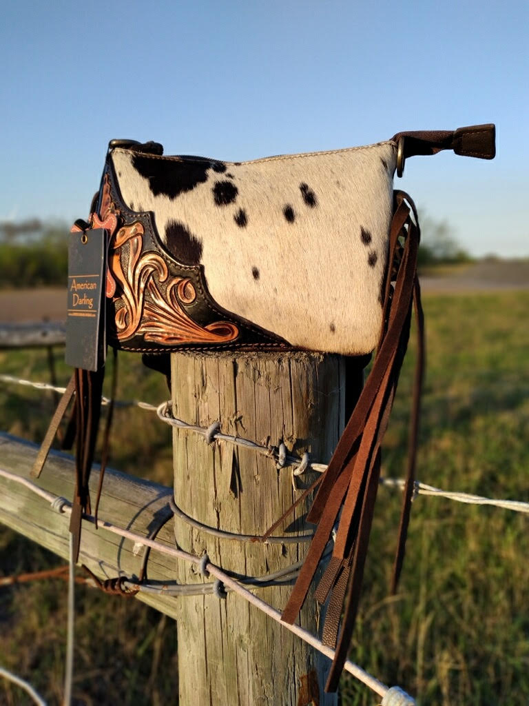 Small Brown Hair on Hide w/ Hand Tooled Accent Crossbody