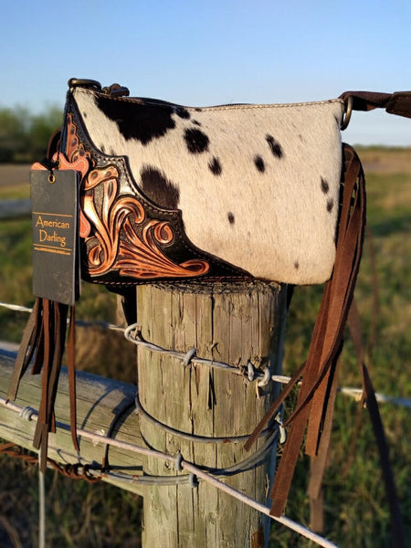 Small Brown Hair on Hide w/ Hand Tooled Accent Crossbody